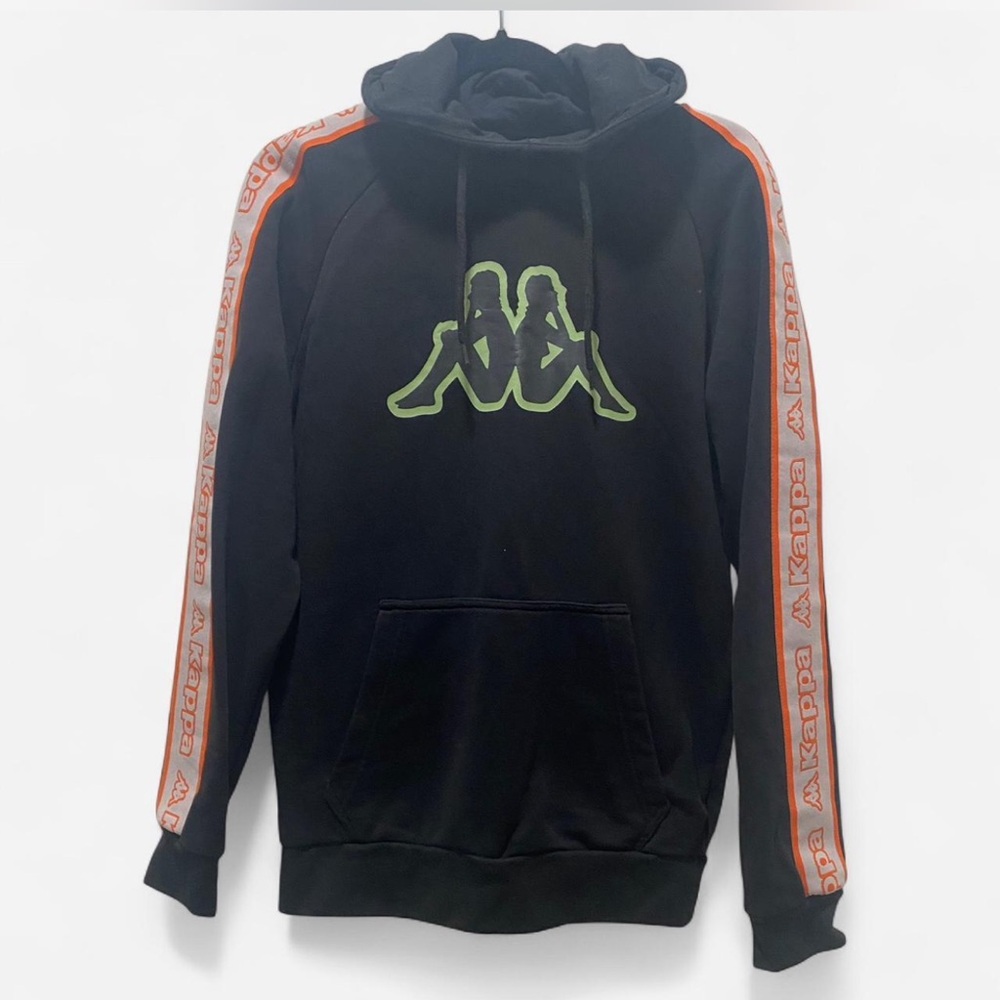Kappa Black Hoodie with Green Logo and Orange Stripes